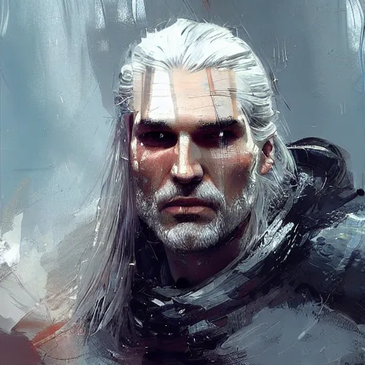 Prompt: geralt of rivia, paint by Wadim Kashin