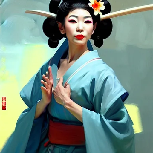 Image similar to Greg Manchess portrait painting of elf geisha in japanese robes as Overwatch character, wacky, medium shot, asymmetrical, profile picture, Organic Painting, sunny day, Matte Painting, bold shapes, hard edges, street art, trending on artstation, by Huang Guangjian and Gil Elvgren and Sachin Teng