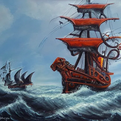 Image similar to oil painting of a kraken attacking a pirate ship