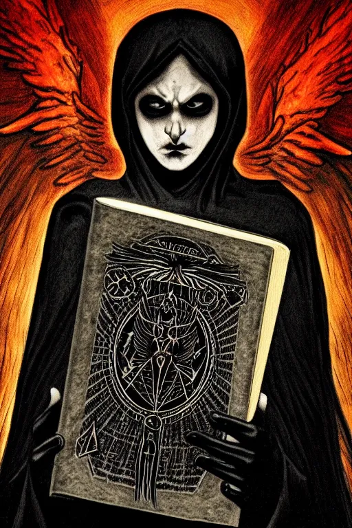 Image similar to dark angel holding a book of necronomicon, tarot card, symmetrical, cinematic, sharp focus, 4 k, ultra hd, sense of awe, sinister demonic atmosphere, dreadful, forbidden knowledge, old gods. demonology