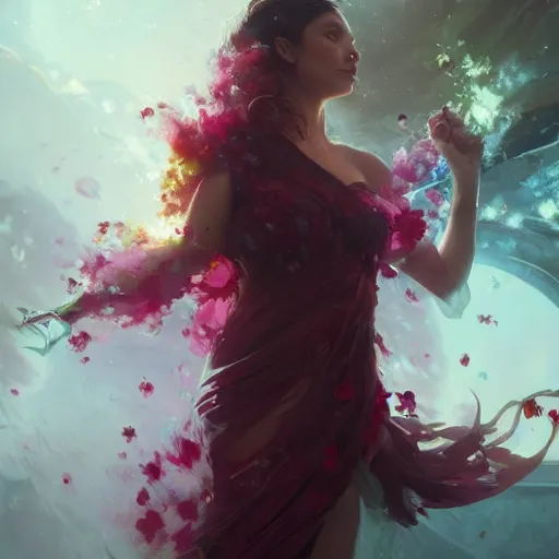 Image similar to scarlet witch in a swirling sundress of flowers, floral explosion, radiant light, vortex of plum petals, oil painting, Tooth Wu, Greg Rutkowski, RPG portrait, dynamic lighting, fantasy art, High contrast, depth of field