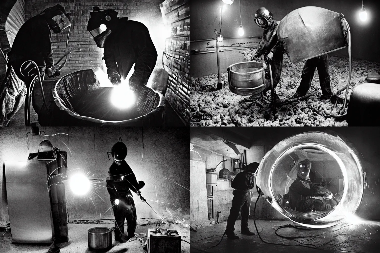 Prompt: welder in welding mask in a ball pit, ominous lighting, by richard avedon, tri - x pan stock