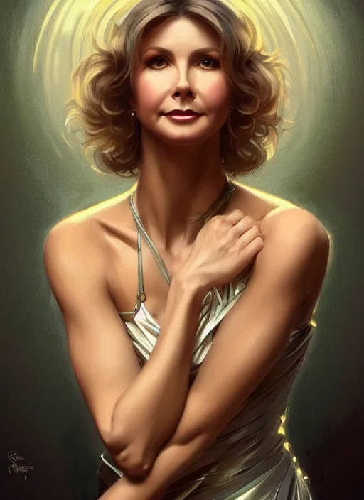 Image similar to portrait of olivia newton john, fullbody, intricate, elegant, highly detailed, my rendition, digital painting, artstation, concept art, smooth, sharp focus, art by artgerm and greg rutkowski and alphonse mucha and uang guangjian and gil elvgren and sachin teng, symmetry!!