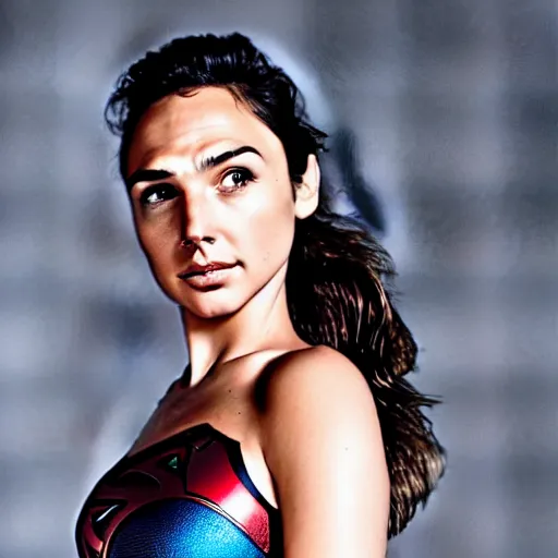 Prompt: an potrait of gal Gadot cast of movie man of steel and wearing a superman suit .