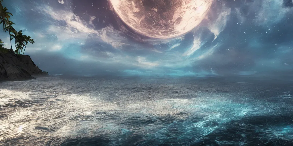 Image similar to ocean night projection, octane render, unreal engine, matte painting