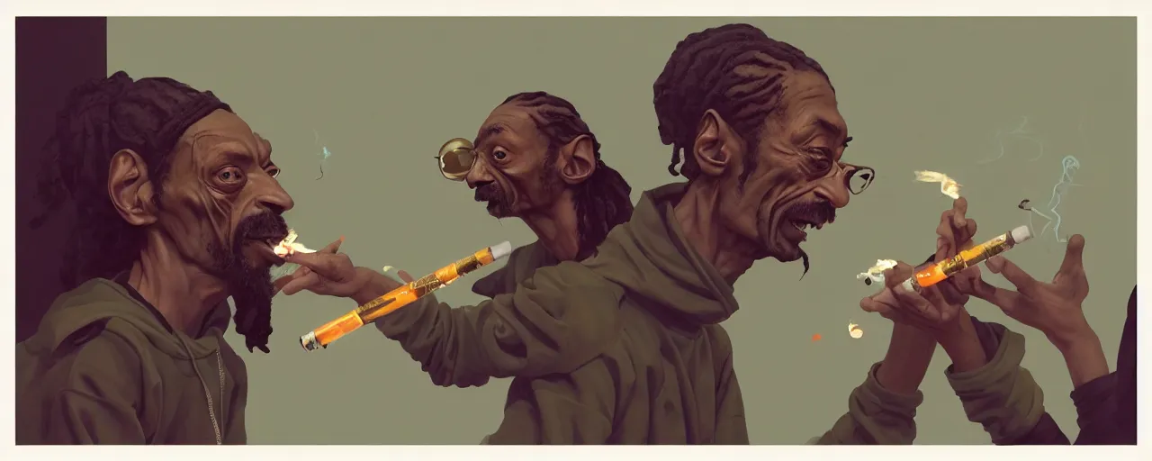 Image similar to duotone olive illustration 3 / 4 portrait of gollum smoking joints with snoop dogg composition accidental renaissance golden ratio. by sachin teng and sergey kolesov and ruan jia and heng z. graffiti art, scifi, fantasy, hyper detailed. octane render. concept art. trending on artstation