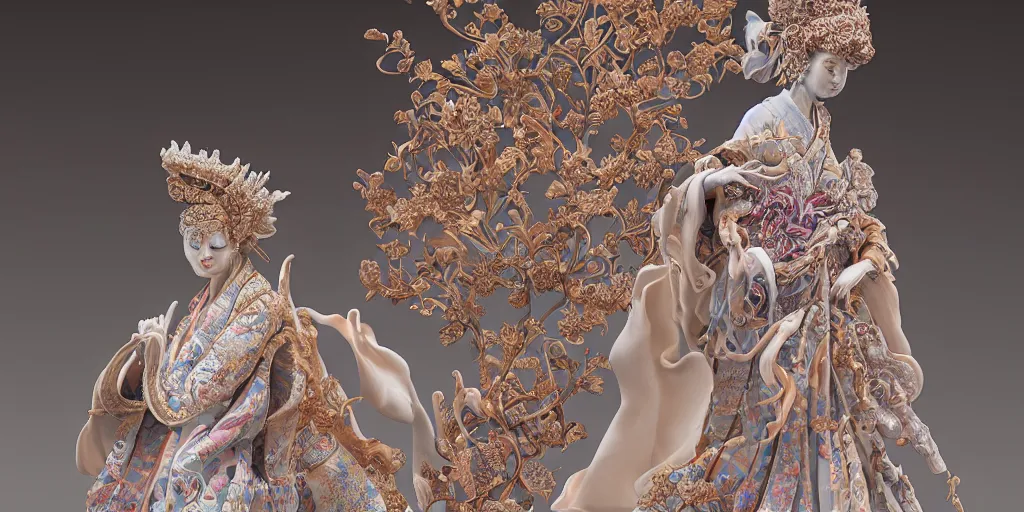 Image similar to A photo-real delicate ceramic porcelain sculpture of an ornate detailed queen in front of a intricate background by Victo Ngai and takato yamamoto, micro detail, backlit lighting, subsurface scattering, translucent, thin porcelain, octane renderer, colorful, physically based rendering, japanese pottery, trending on cgsociety 'H 1024