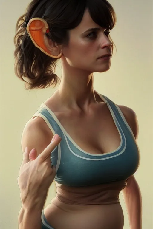 Prompt: pregnant zooey channel in a tight gym tank top, realistic portrait, symmetrical, highly detailed, digital painting, artstation, concept art, smooth, sharp focus, illustration, cinematic lighting, art by artgerm and greg rutkowski and alphonse mucha