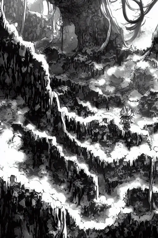 Image similar to overgrown cave, deep abyss cave manga background black and white, in style of made in abyss, no humans,