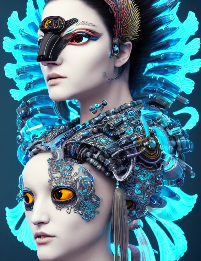 Image similar to 3 d goddess close - up profile portrait cyberpunk with ram skull. beautiful intricately detailed japanese crow kitsune mask and clasical japanese kimono. betta fish, jellyfish phoenix, bio luminescent, plasma, ice, water, wind, creature, artwork by tooth wu and wlop and beeple and greg rutkowski