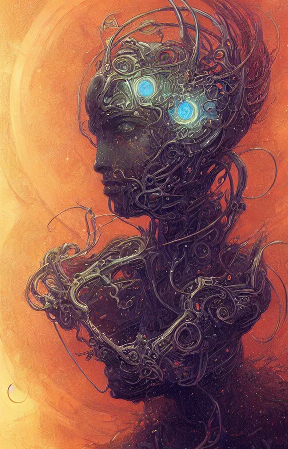 Image similar to a highly detailed beautiful portrait of a robot in the style of jean delville and in the style of peter mohrbacher. glowing rune of magical power.