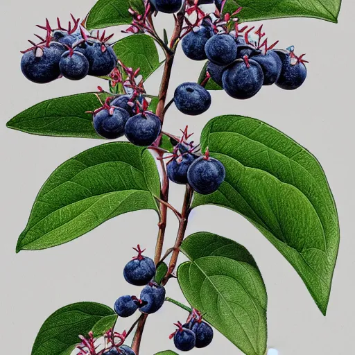 Image similar to botanical drawing of bilberry bush. detailed art. color. rustic. nordic. trending on artstation. detailed. shrub. nature. artistic.