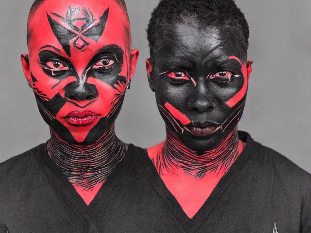 Prompt: wakanda forever, red black and white, ultraviolent, face tattoo