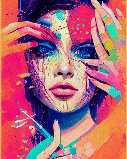 Prompt: an ultradetailed beautiful painting of a stylish woman with colorful band aids, rave concert poster, retro, conrad roset, greg rutkowski, flume cover art, 8 0 s