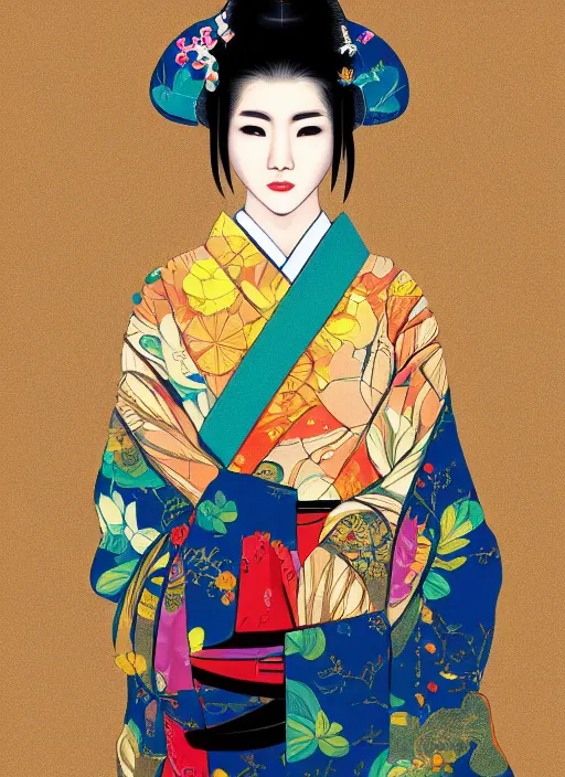 Image similar to female geisha girl, beautiful face, rule of thirds, intricate outfit, spotlight, colourful, by leng jun, digital painting