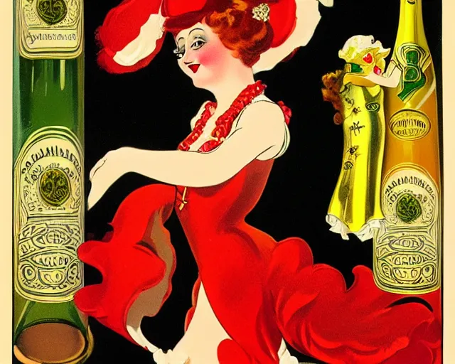 Prompt: vintage, melchizedek champagne bottle. cancan girl dancing, french, realistic, cheerful, belle epoque, leonetto cappiello, pur champagne damery, 1 9 0 2