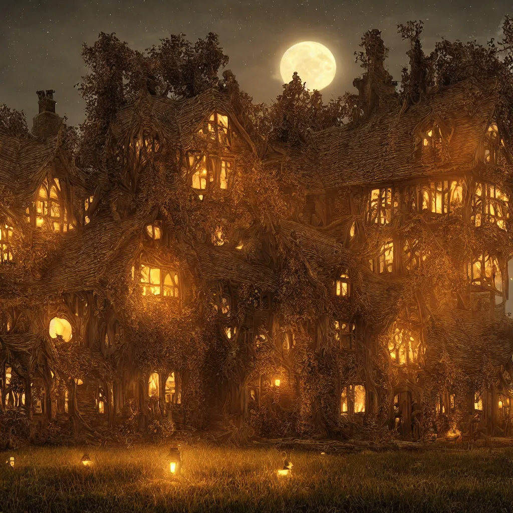 Prompt: a highly detailed old haunted english tudor cottage in a pumpkin patch at night, volumetric haze, fall colors, dead tree forest, pumpkins, moon, photorealistic, insanely detailed and intricate, epic scene, hyper realistic, elegant, ornate, elite, horror, creepy, ominous, haunting, cinematic lighting, unreal engine, 4k, 8k, cinematic camera