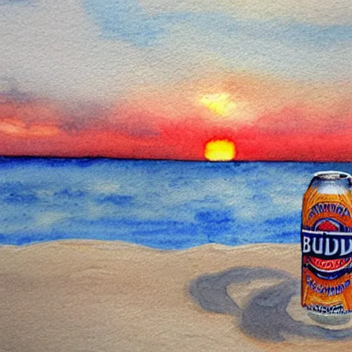 Prompt: can of bud light sittin in the sand on the beach, detailed, watercolor, sunset