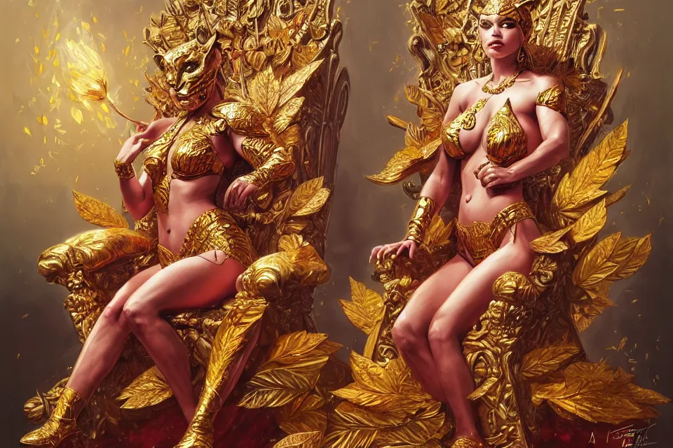 Prompt: painting of a beatiful tiger - woman on a throne, throne is spangled with gold and leaves, majestic, powerfull, by james jean and by artgerm, ultradetailed, realistic, oil painting, trending on artstation, 4 k