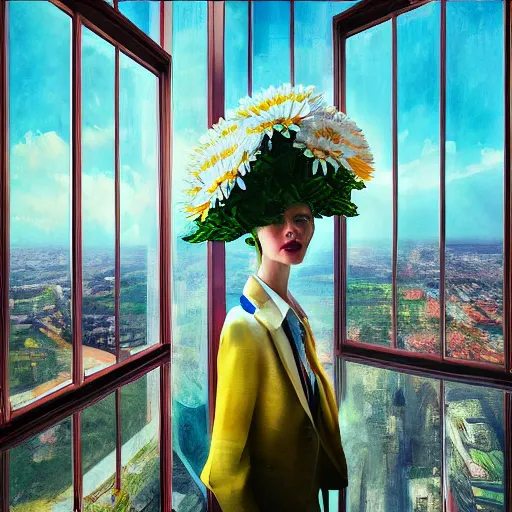 Prompt: huge daisy flowers head, woman in suit, standing next to modern window in luxury apartment, surreal photography, sunlight, impressionist painting, digital painting, artstation, simon stalenhag