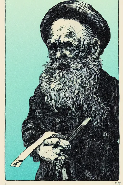 Image similar to a CMYK Risograph print of a grizzled old sea captain