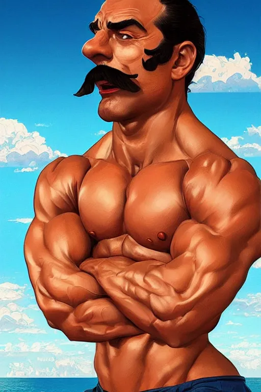 Image similar to gigachad bodybuilder luigi at the ocean by ilya kuvshinov, ernest khalimov body, super mario bros symmetrical face concept art, hyper realistic, intricate, elegent, highly detailed, digital painting, concept art, smooth, sharp, focus, illustration, art by artgerm and greg rutkowski and alphonse mucha, artstation