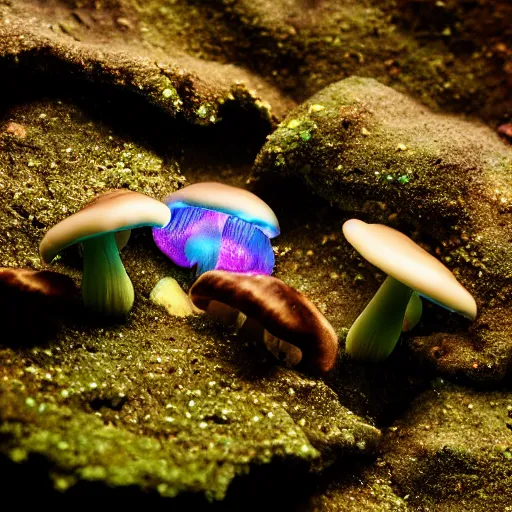 Image similar to Beautiful Macro Photo of undiscovered bioluminiscent Mushroom Species, Studio Lighting, detailed, 28mm Lens