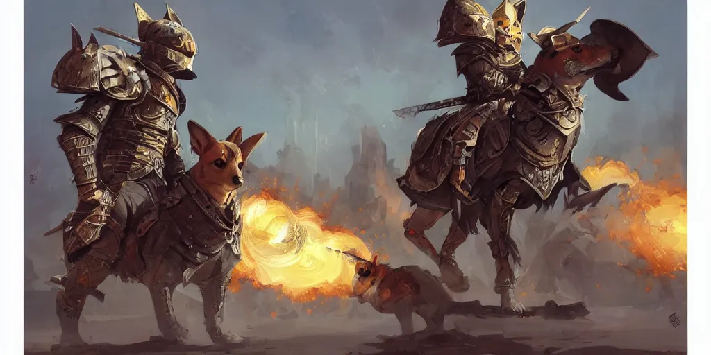 Prompt: beautiful painting of a fantasy corgi knight, by Ian McQue, tristan eaton, Tom Bagshaw, trending on Artstation, 8k, masterpiece, graffiti paint, fine detail, full of color, intricate detail, corgi