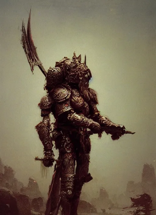 Prompt: ape warrior in ancient ornamented armor concept, beksinski, ruan jia