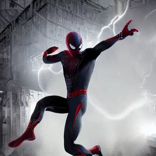 Image similar to black spider - man suit with white web lining, cinematic, volumetric lighting, realistic, hyperdetailed, photorealistic, photograph