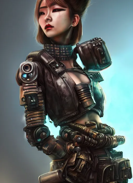 Prompt: an ultradetailed portrait of a female dieselpunk cyber warrior, tzuyu twice, by tian zi trending on artstation : 1. 7, cinematic lights, thomas kinkade, 4 k octane render, artstation, pinterest