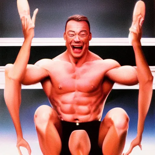 Image similar to hyperrealistic 1992 Jean Claude Vandamme doing the splits, laughing hysterically, doing the spilts with his legs going pointing two separate directions, between two chairs over a toilet, golden hour, smiling, award winning