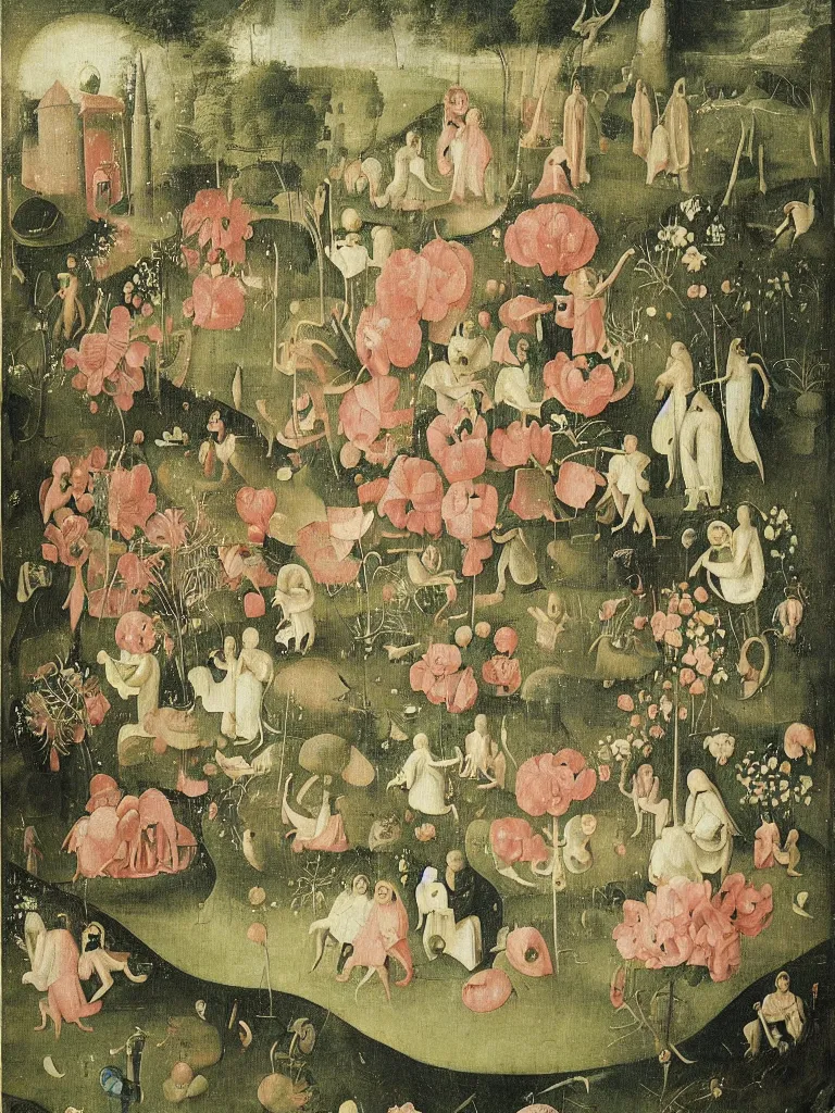 Image similar to beautiful large flowers in a garden, in the style of hieronymus bosch,