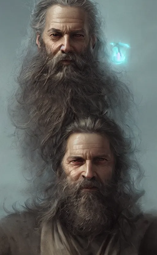 Image similar to Portrait of man in his 50s with a long beard and monacle, male, detailed face, fantasy, highly detailed, cinematic lighting, digital art painting by greg rutkowski