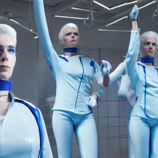 Image similar to troop of identical athletic humans with white hair wearing tight light blue latex suits, in formation, futuristic chemistry lab, sci - fi, highly detailed, hyperrealistic