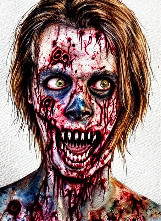 Image similar to zombie hollywood professional acting headshot, hyperrealism, intricate detailed, studio lighting, charming expression gesicht, watercolor art, drawn and painted, colored layers