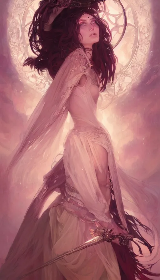 Prompt: portrait of the warrior sorceress of hearts, dreamy and ethereal, expressive pose, big pink eyes, fantasy, intricate, elegant, rose tones, highly detailed, digital painting, smooth, sharp focus, illustration, pixiv, trending on artstation and greg rutkowski and alphonse mucha