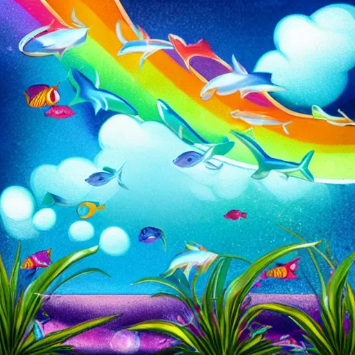 Prompt: sky with rainbow fishes, fantasy, hyperrealistic