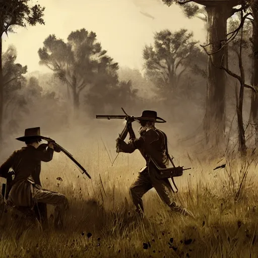 Prompt: a digital painting of a gunfight in hunt showdown, western era, hyper realistic, horror, back lighting, luisiana, in the style of greg rutkowski,