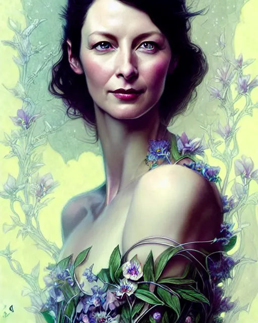 Image similar to beautiful and playful ethereal caitriona balfe ( outlander ) portrait, art nouveau, fantasy, intricate flower designs, elegant, highly detailed, sharp focus, art by artgerm and greg rutkowski and wlop