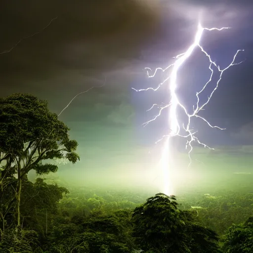 Prompt: lightning striking down into the amazon rainforest from puffy clouds, 5 0 mm, ultra detailed, dramatic lighting, octane render, cinematic perspective, wide landscape view