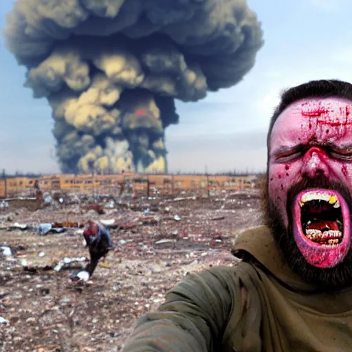 Image similar to selfie of a ukrainian screaming in pain and terrible injuries from a nuclear explosion, everything is on fire and radiation, in the background there are a lot of people like zombies, corpses and skeletons, a large nuclear explosion in the background, people are painted in yellow - blue cheers, all dirty with severed limbs, bad day