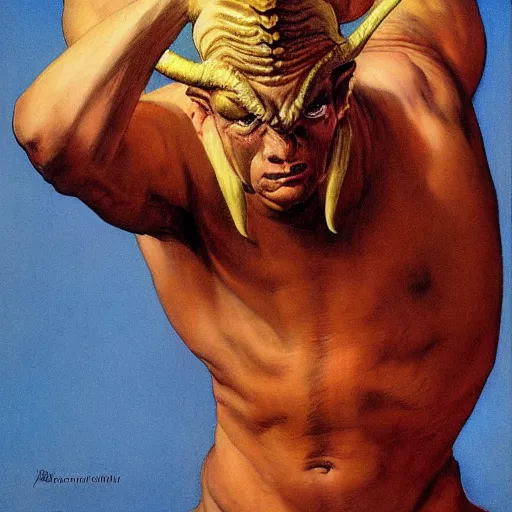 Image similar to upper body portrait a demon with the horns of a ram, by norman rockwell and boris vallejo