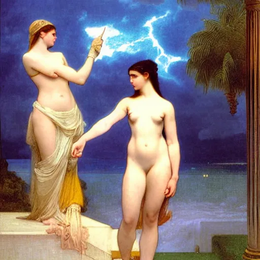 Image similar to Silhouette of two girls at the palace, thunderstorm, greek pool, beach and palm trees on the background major arcana sky, by paul delaroche, alphonse mucha and arnold böcklin arnold böcklin hyperrealistic 8k, very detailed