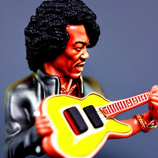 Image similar to a porcelain figurine of jimmy hendrix playing the guitar, product shot