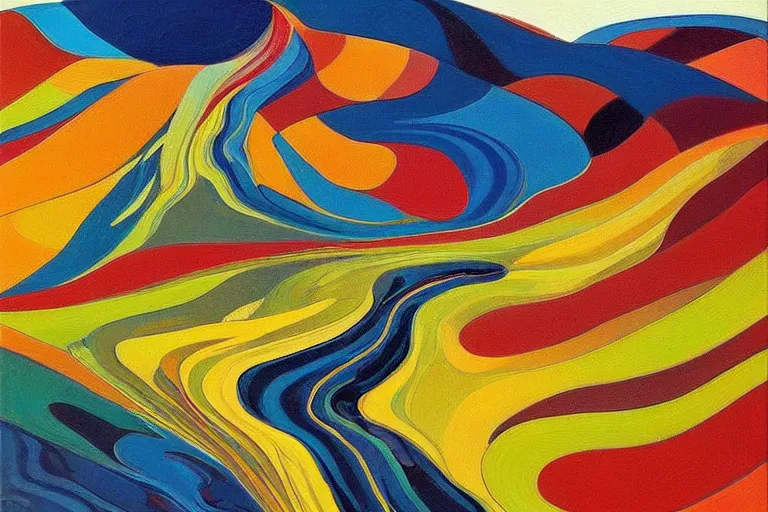 Image similar to A wild, insane, modernist landscape painting. Wild energy patterns rippling in all directions. Curves, organic. Saturated color. Mountains. Clouds. Rushing water. Wayne Thiebaud.