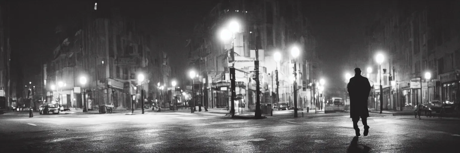 Image similar to a man walking at nightime, street lights, film noir