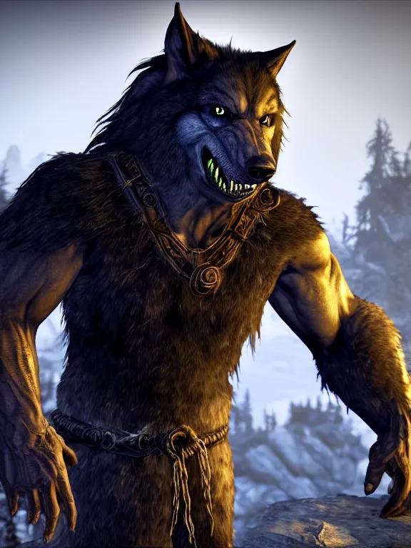 Image similar to cute handsome calm happy relaxed cuddly burly surly werewolf from van helsing unreal engine hyperreallistic render 8k character concept art masterpiece screenshot from the video game the Elder Scrolls V: Skyrim