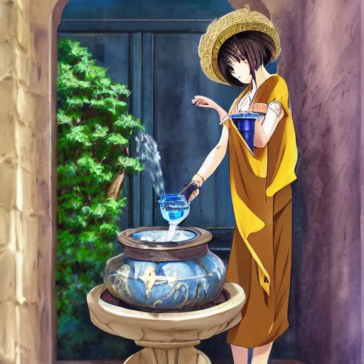 Prompt: an anime waifu in a greek attire pouring water out of a vase into a fountain, spanish ghibli alleyway