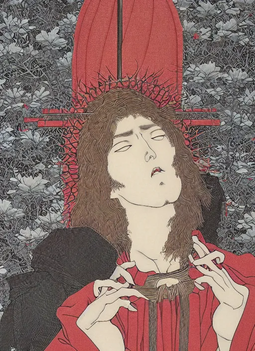 Image similar to Jesus Christ on the cross, by takato Yamamoto, manga style, painting, high detail, 8k, award winning,